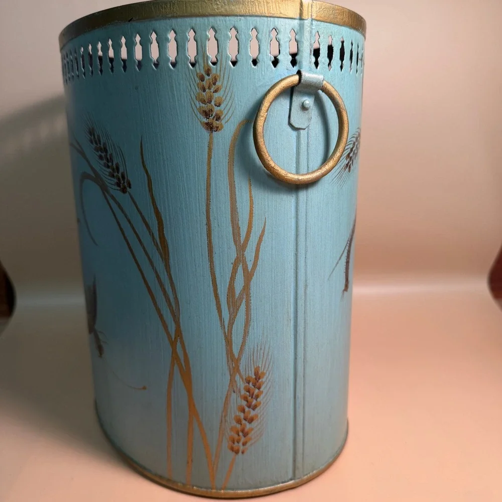 Vintage Hand Painted Metal Wastebasket Blue Gold Wheat Grasshopper Nature Decor